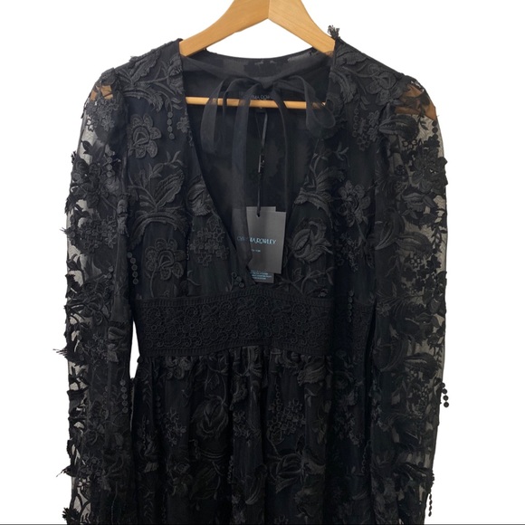 NEW Cynthia Rowley Harlow Tie Front Vneck Black Lace Midi Long Sleeve Woman’s 4 - Picture 5 of 13